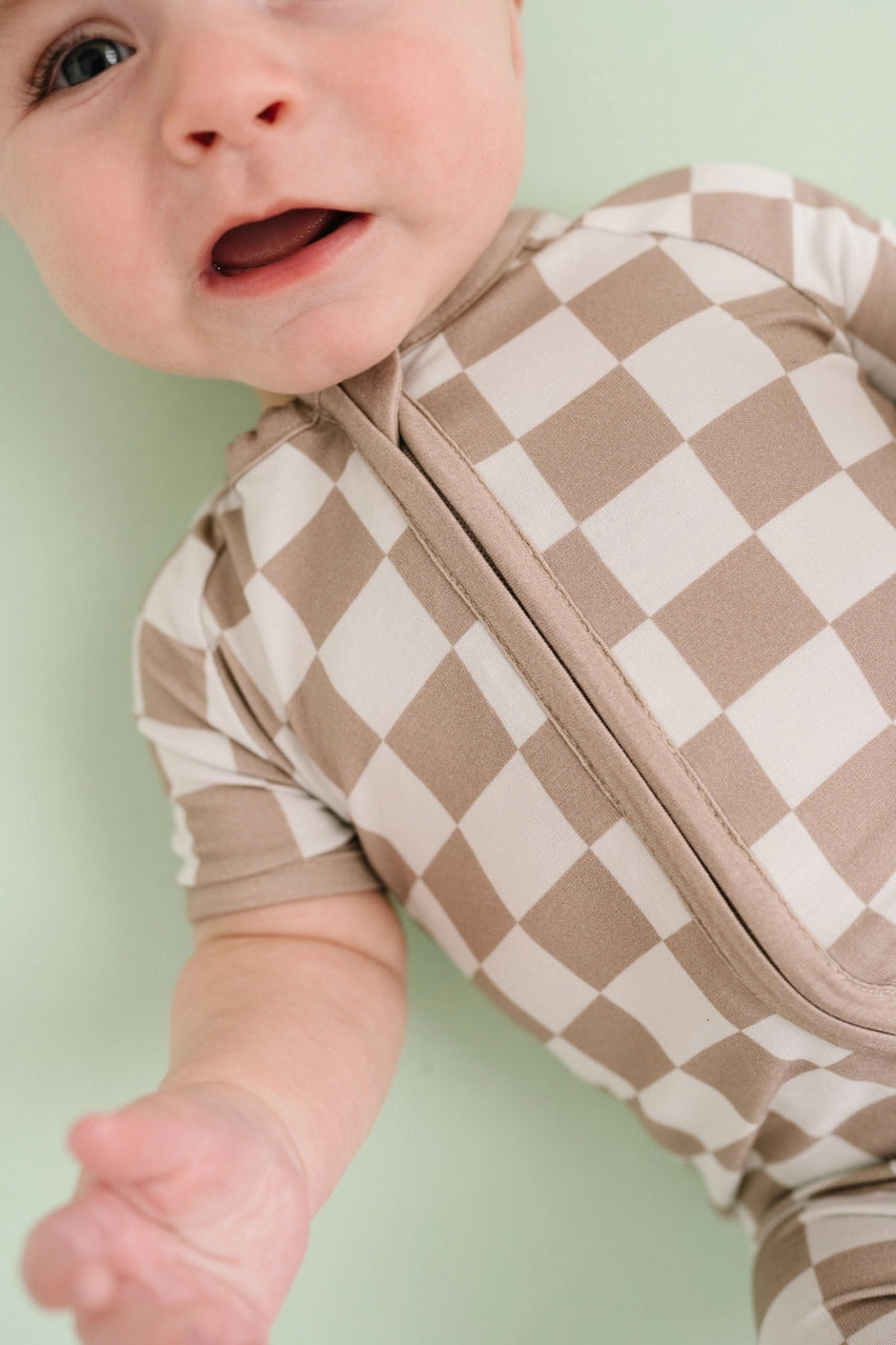 Beige Checkered Bamboo Short Romper