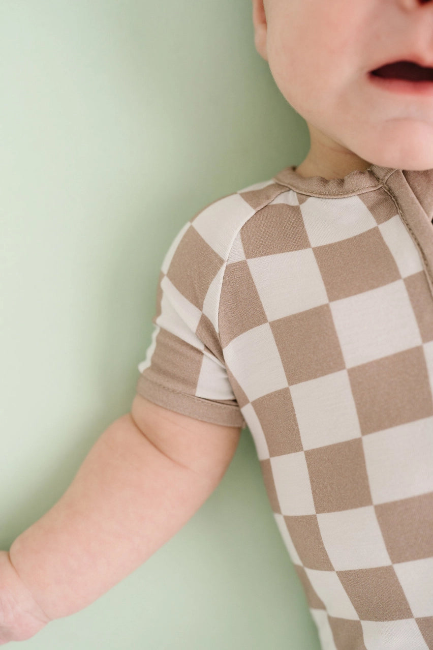 Beige Checkered Bamboo Short Romper