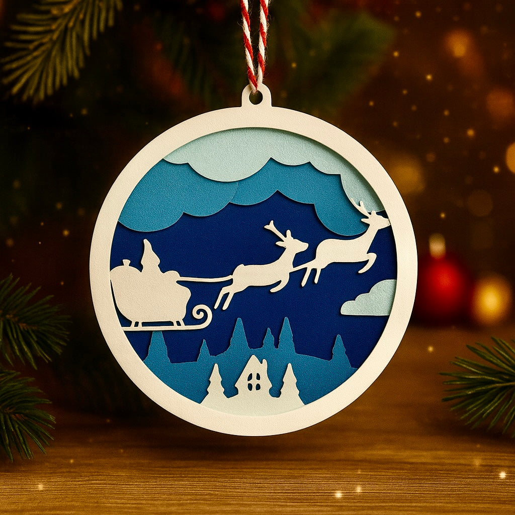 Santa Sleigh Layered Christmas Ornament - 3d keepsake