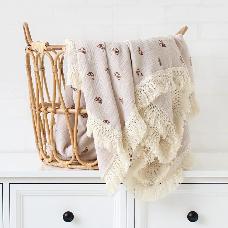 Muslin Cotton Baby Tassel Fringe Rainbow Blanket