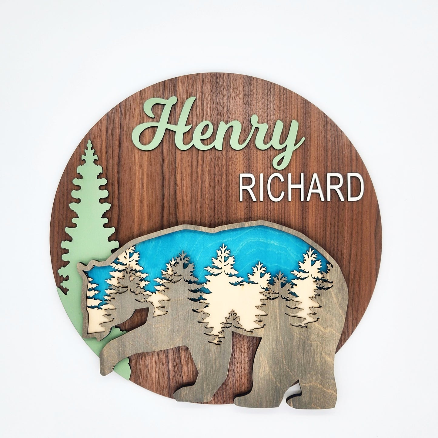 Multilayered Bear Forest Themed Nursery Baby Name Personalized Sign