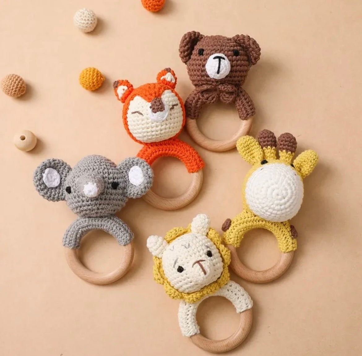 Natural Wooden Crochet Baby Rattle