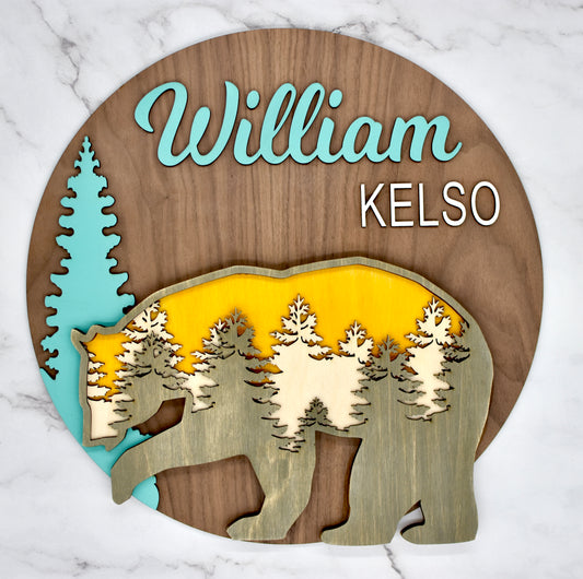 Multilayered Bear Forest Themed Nursery Baby Name Personalized Sign