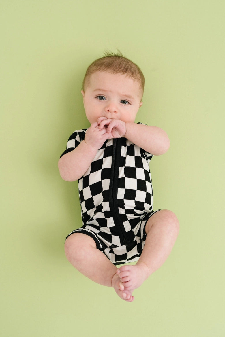 Black Checkered Bamboo Short Romper