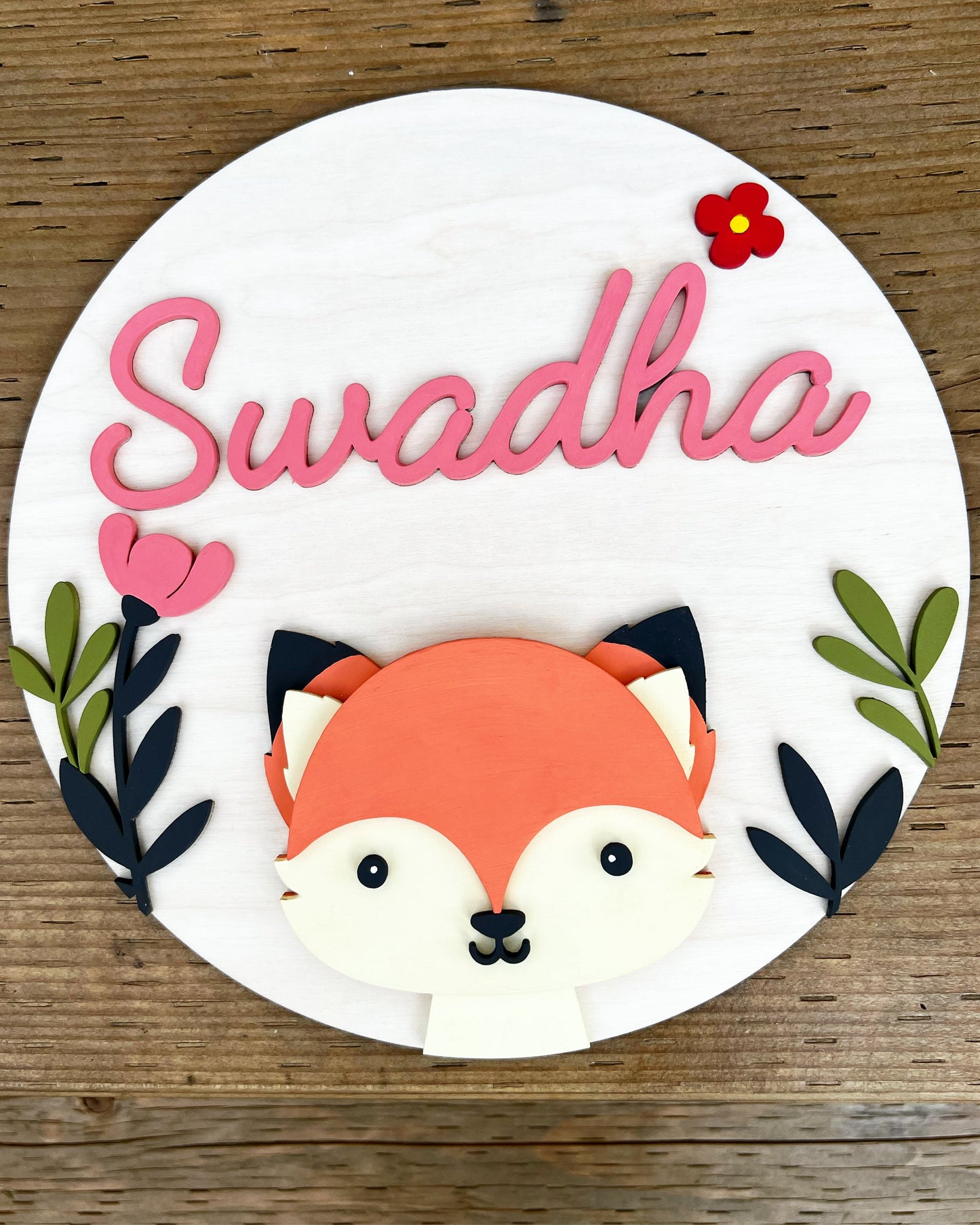 3d Round Woodland Fox Themed Nursery Baby Name Personalized Sign