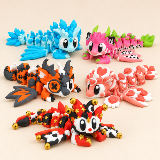 Composite of the five included Crystal & Carnival dragons: Crystal, Dragon Fruit, Halloween, HeartSeeker and Jester. Dragons only; no eggs.