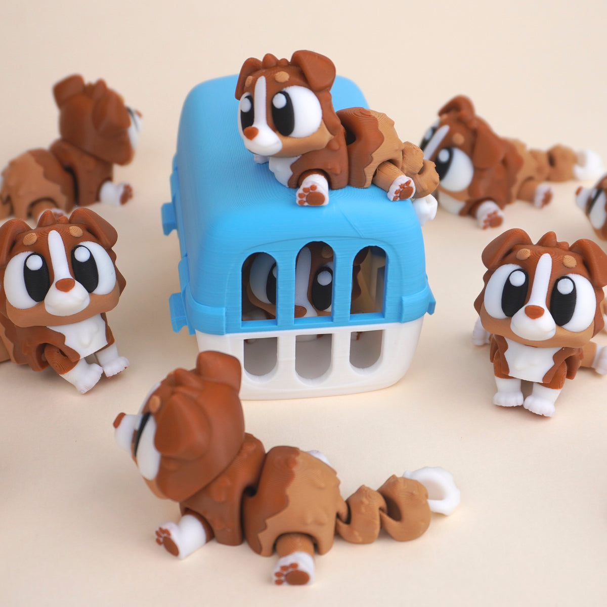 Blue and white carrier with puppies, illustrative product image
