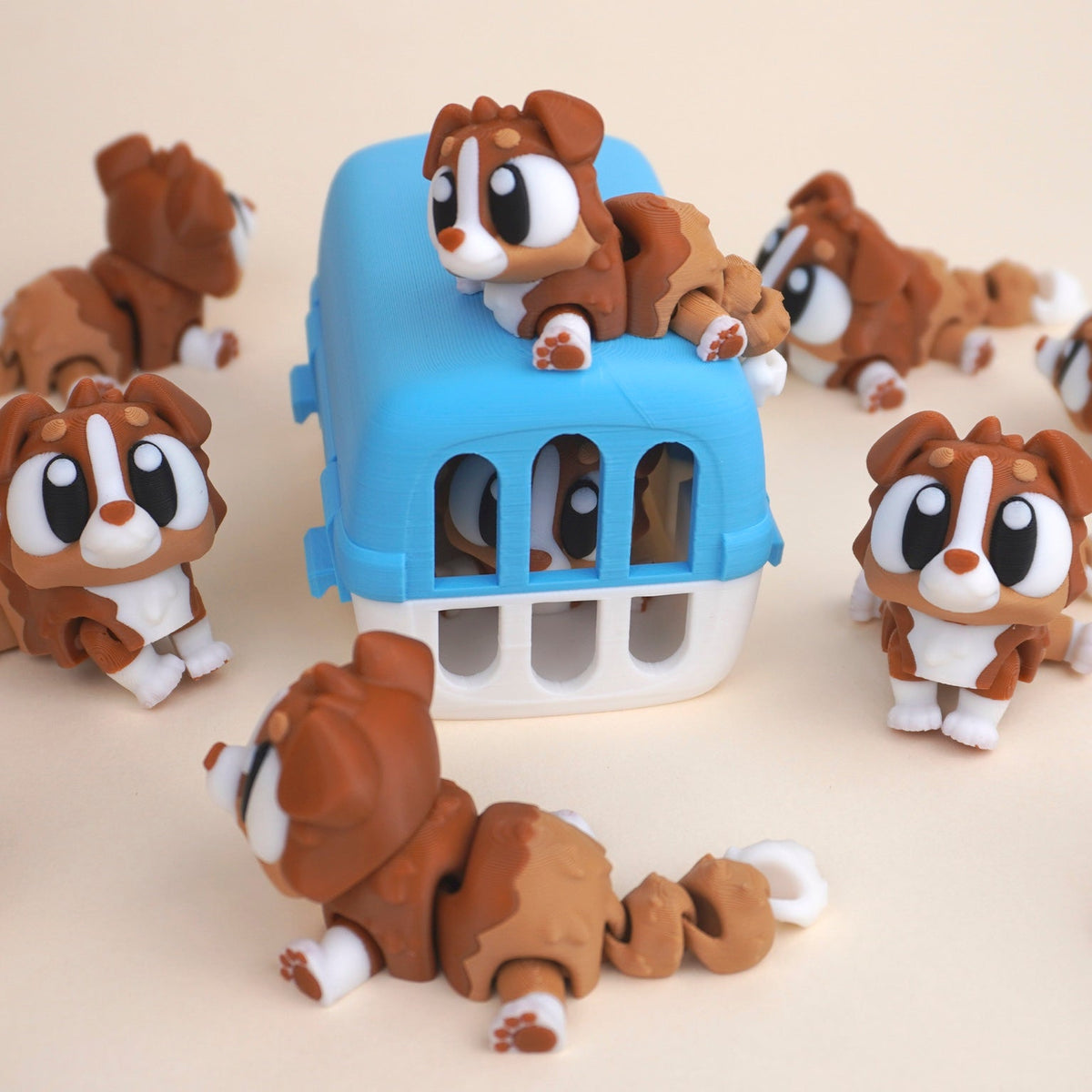 Blue and white carrier with puppies, illustrative product image Style illustration; Mini dimensions not shown to scale.