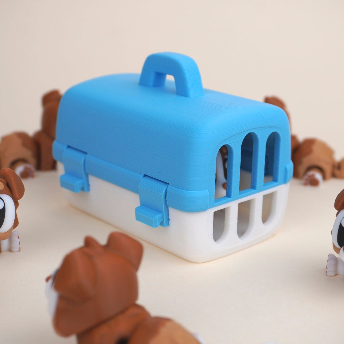 Blue and white two-part carrier with carry handle and side clasps, illustrative product image Style illustration; Mini dimensions not shown to scale.