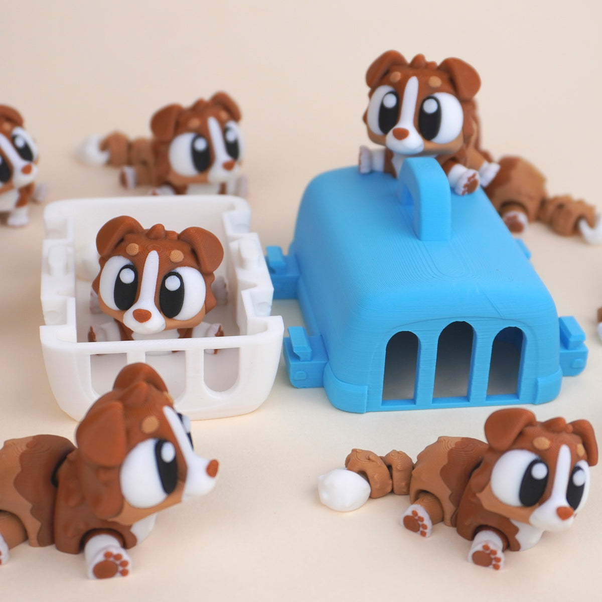 Open blue and white carrier with puppy, illustrative product image