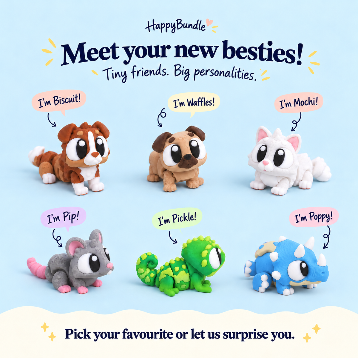 Illustrative animal choices: Biscuit puppy, Waffles pug, Mochi white cat, Pip mouse, Pickle chameleon and Poppy blue baby triceratops. One chosen animal per set; colourway mockups based on creator designs. Illustrative choices; Mini size not shown to scale.