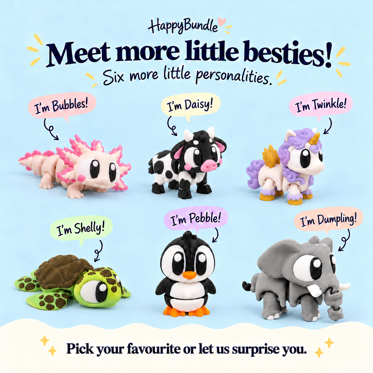 Illustrative animal choices: Bubbles axolotl, Daisy black-and-white cow, Twinkle white unicorn with lavender mane and gold details, Shelly sea turtle, Pebble penguin and Dumpling elephant. One chosen animal per set. Illustrative choices; Mini size not shown to scale.