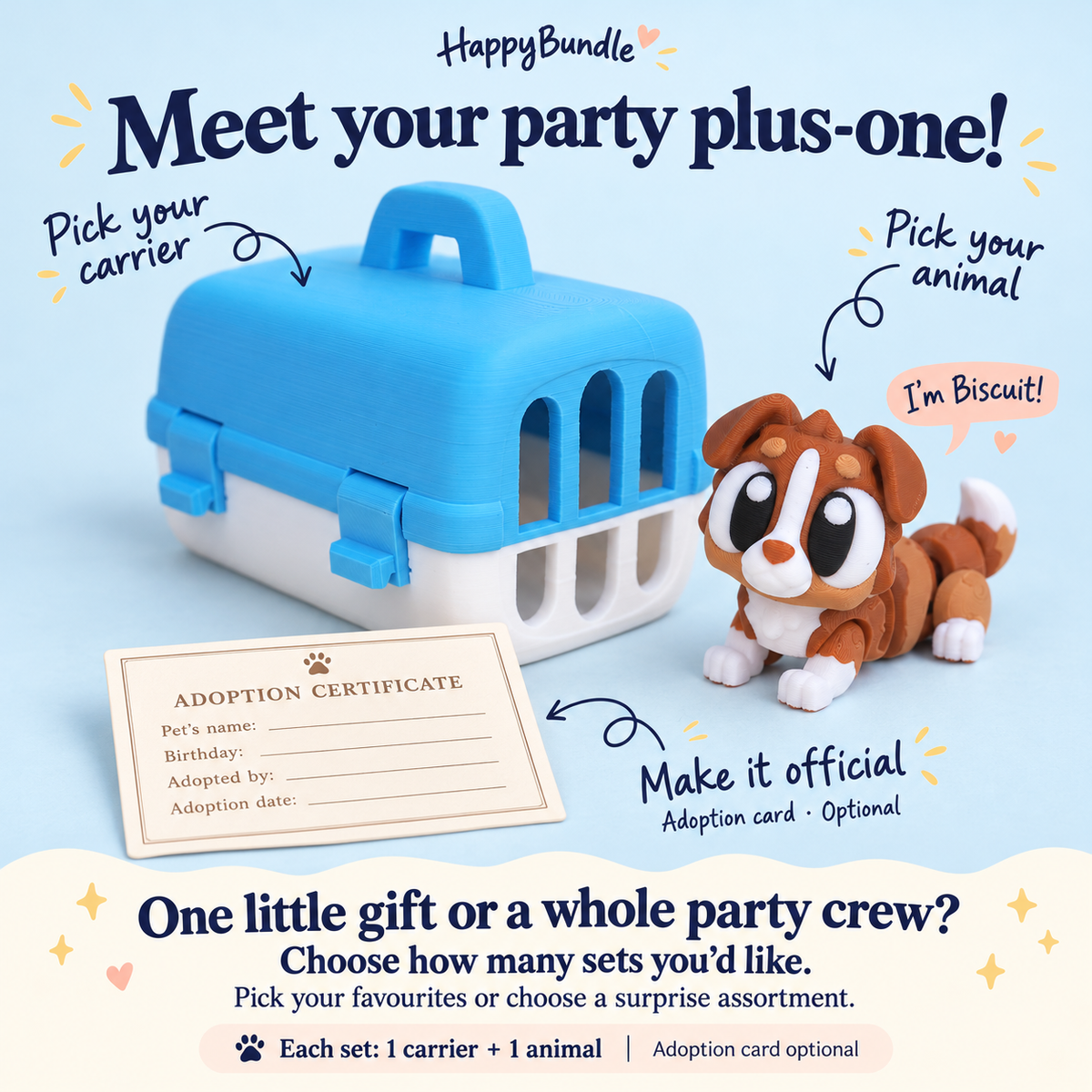 Illustrative HappyBundle adoption favour mockup: one carrier, one puppy and optional neutral adoption card. Choose quantities and your favourite animal or a surprise assortment. Illustrative choices; Mini size not shown to scale.