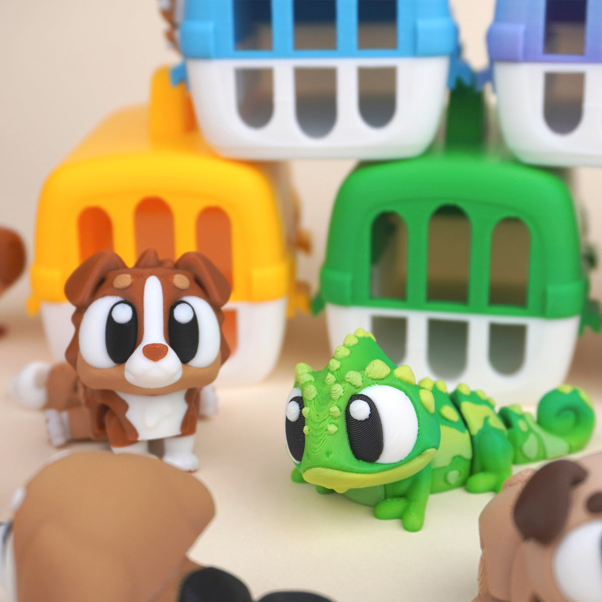 Puppy and green chameleon with colourful carriers, illustrative product image