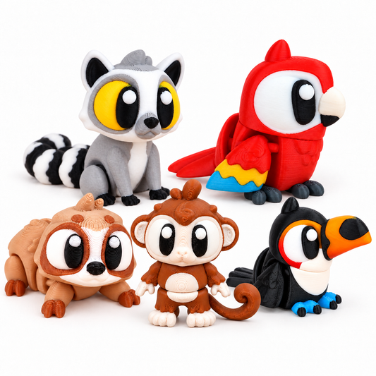 Canopy Crew — 5 Animals: AI composite of the included sloth, lemur, red macaw, toucan and monkey; animals only.
