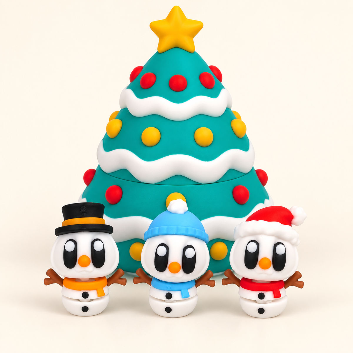 Digitally composed group image: one Christmas tree container and three snowmen, top hat, blue beanie and Santa hat; bundle option