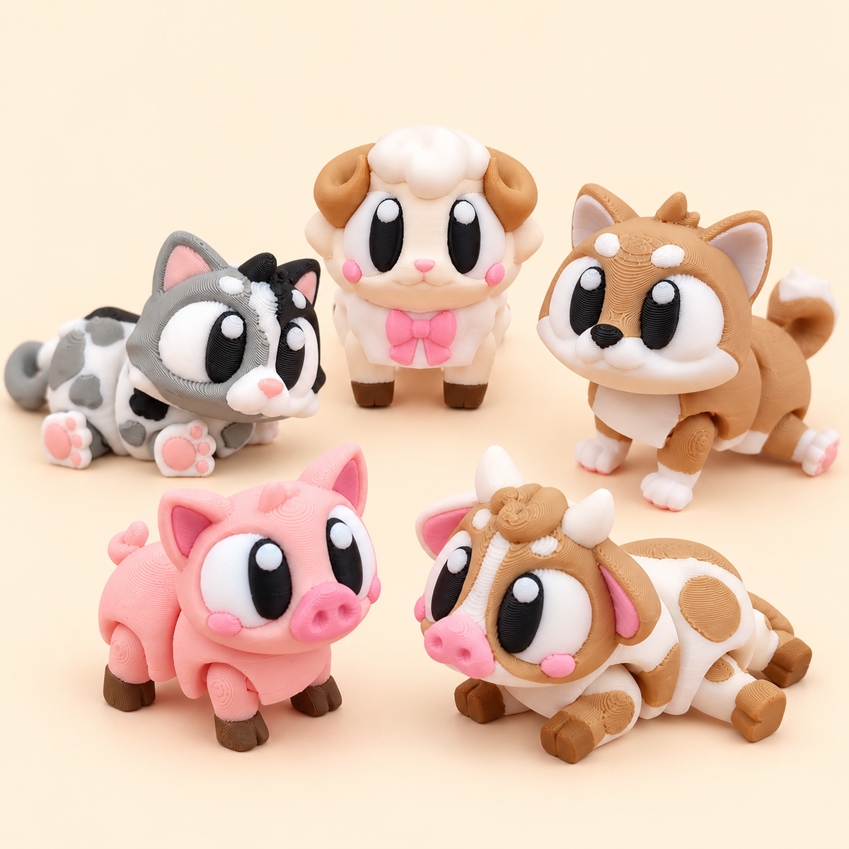 Composite group image showing exactly the five animals included in Farm & Friends 1, one of each. Animals only; colours may vary.