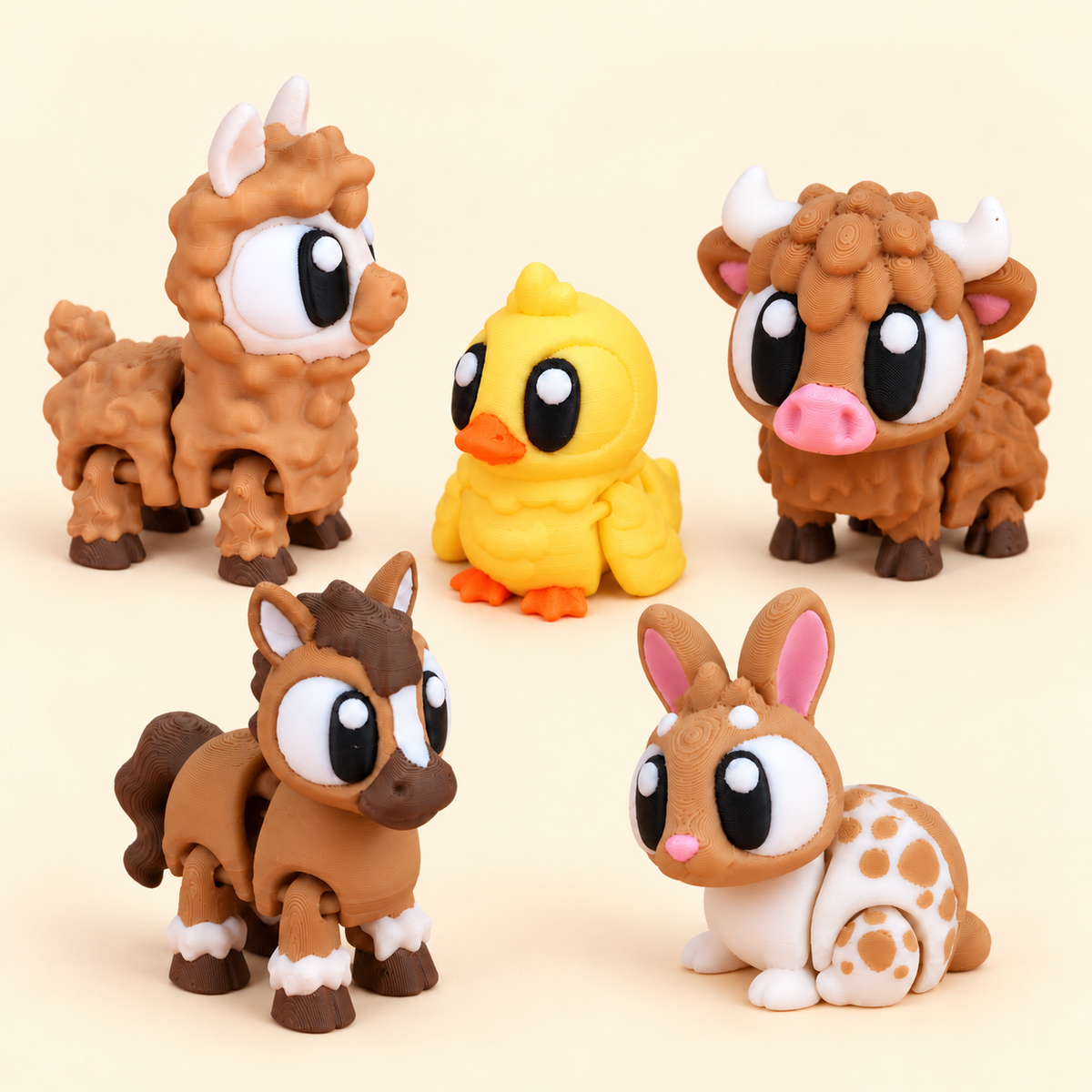 Farm & Friends 2: Alpaca, yellow Duck, Highland Cow, Horse and Bunny. Exactly five animals, no habitat.