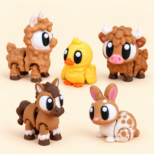 Farm & Friends 2: Alpaca, yellow Duck, Highland Cow, Horse and Bunny. Exactly five animals, no habitat.