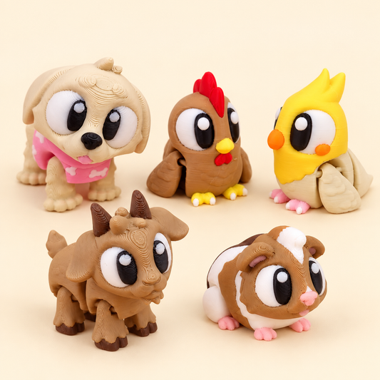 Composite group image showing exactly the five animals included in Farm & Friends 3, one of each. Animals only; colours may vary.