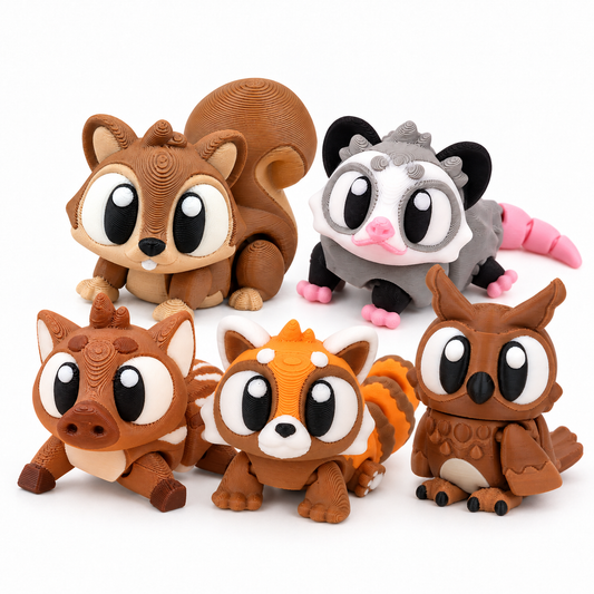 Forest Mischief Crew — 5 Animals: AI composite of the included squirrel, opossum, mini boar, red panda and owl; animals only.