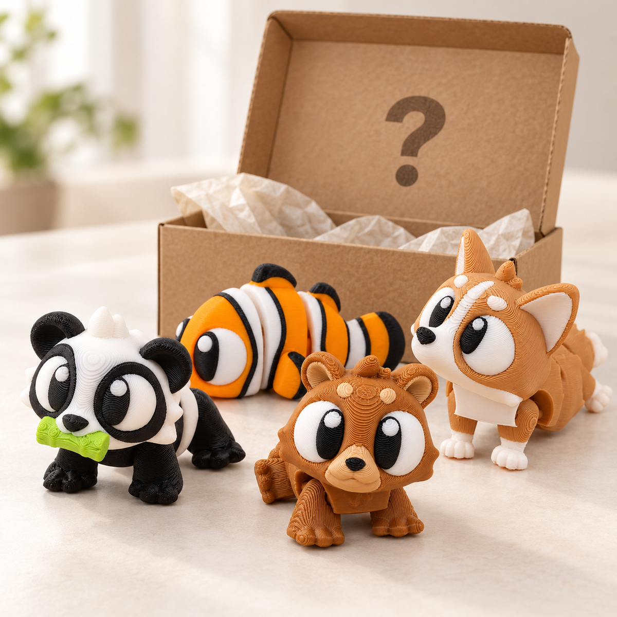 Mystery Animal Box — illustrative kraft packaging with possible example 3DGOB designs; assortment varies by selected size, quantity and theme.