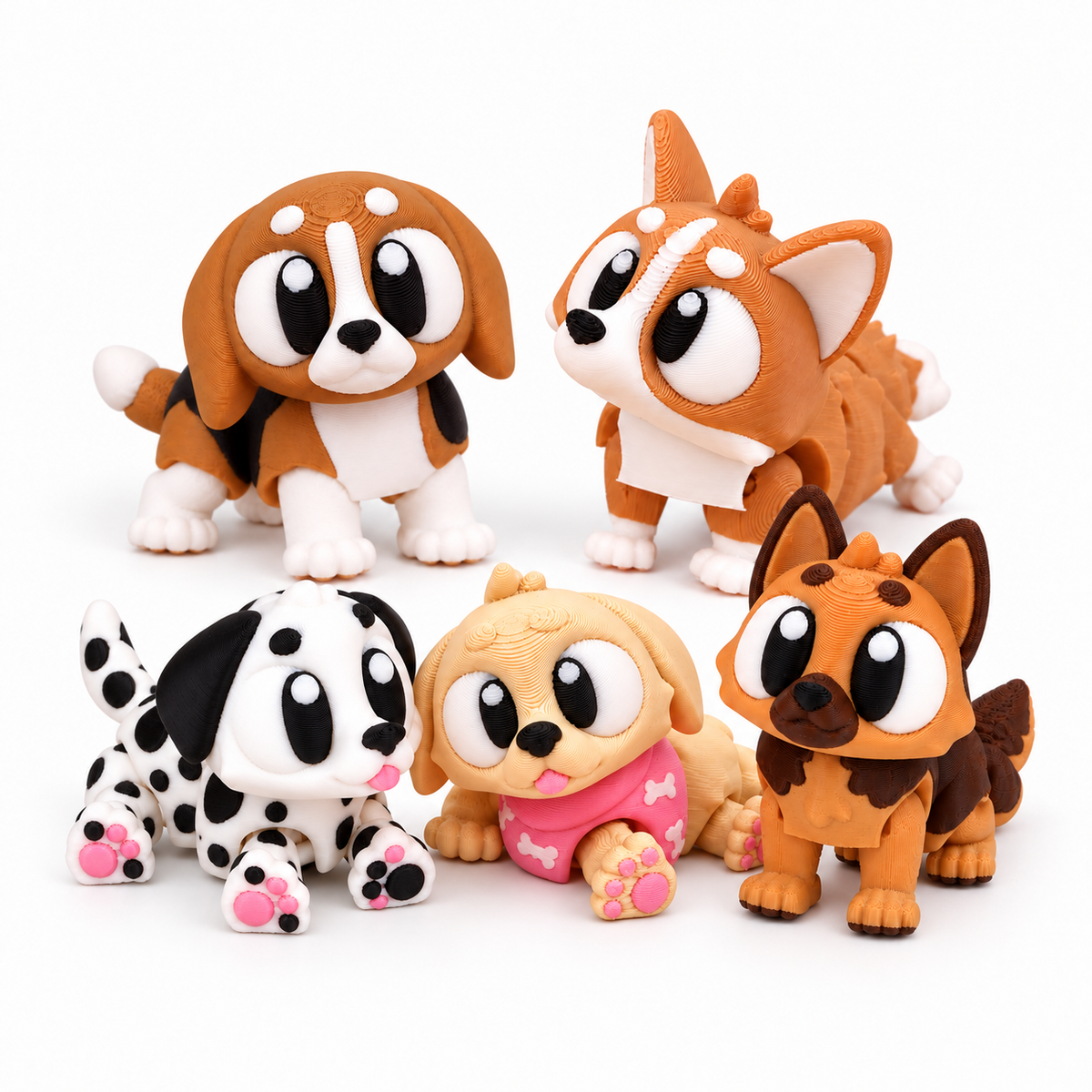 Pawfect Pack — 5 Dogs: AI composite showing the included beagle, corgi, dalmatian, golden retriever puppy and German shepherd; dogs only.