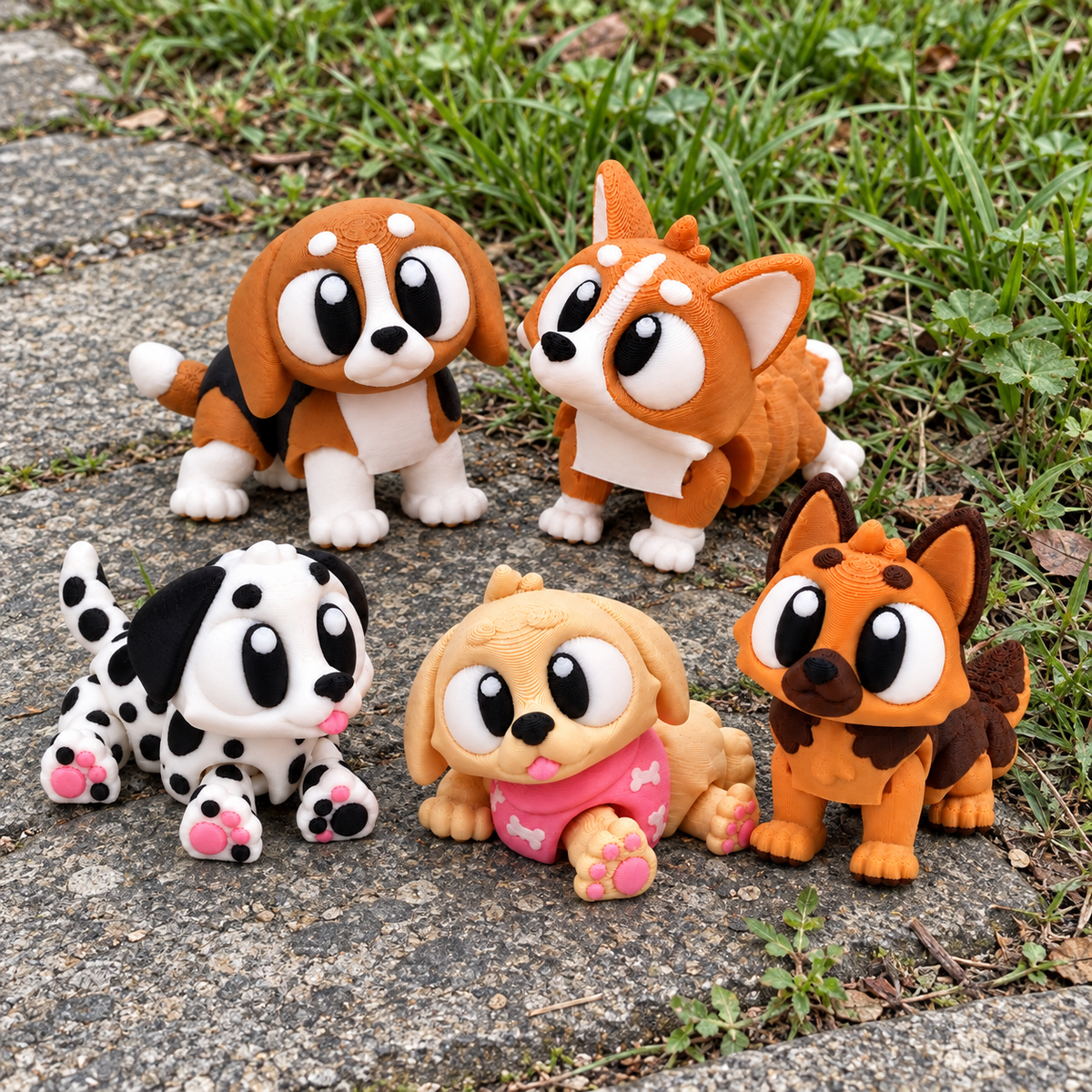 Pawfect Pack — 5 Dogs: composite product image of the beagle, corgi, dalmatian, golden retriever puppy and German shepherd together beside a grassy park path.
