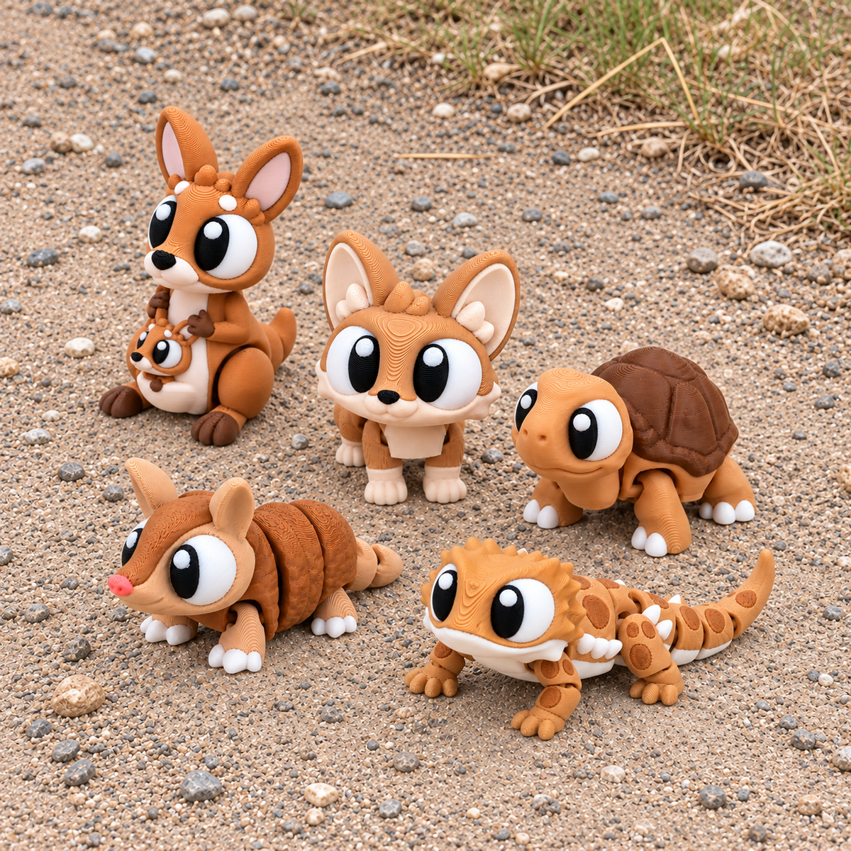 Sandy Trail Crew — 5 Animals: composite product image showing the included armadillo, tortoise, fennec fox, kangaroo with its molded joey, and bearded dragon together on a sandy trail.