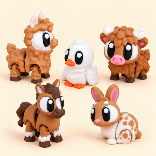 Farm & Friends 2: Alpaca, white duck, Highland Cow, Horse and Bunny. Exactly five animals, no habitat.