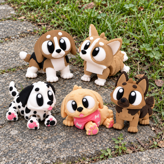 Pawfect Pack — 5 Dogs: composite product image of the beagle, corgi, dalmatian, golden retriever puppy and German shepherd together beside a grassy park path.