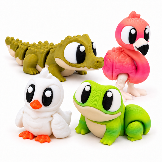 Pond & Wetland Pals — 4 Animals: AI composite showing the included crocodile, frog, white duck and flamingo; animals only.