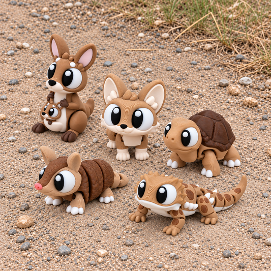 Sandy Trail Crew — 5 Animals: composite product image showing the included armadillo, tortoise, fennec fox, kangaroo with its molded joey, and bearded dragon together on a sandy trail.