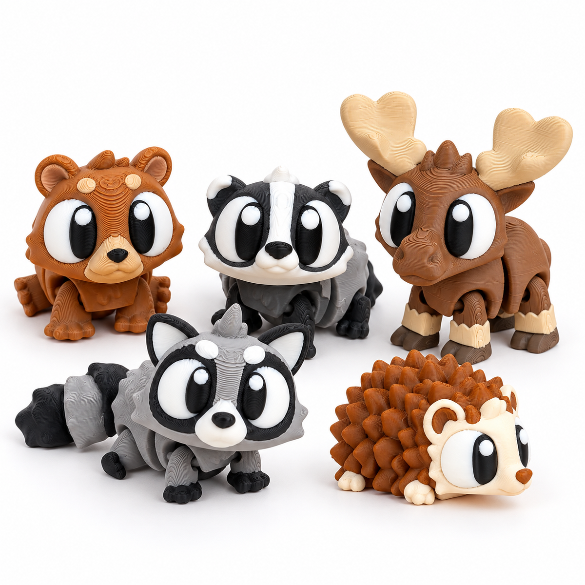 Woodland Wanderers — 5 Animals: AI composite of the five included 3D-printed animals — bear, raccoon, moose, badger and hedgehog; animals only.