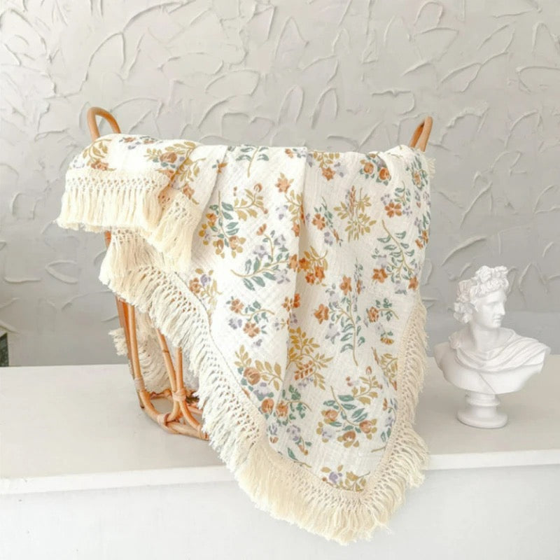 Muslin Cotton Baby Tassel Fringe Floral Blanket