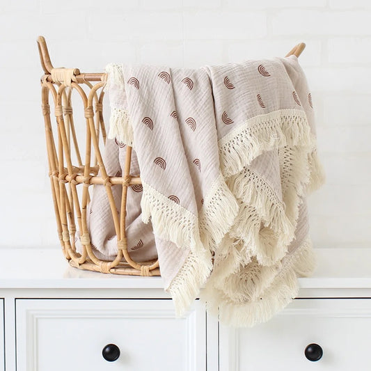Muslin Cotton Baby Tassel Fringe Rainbow Blanket