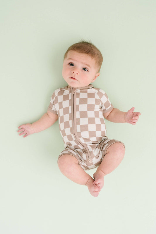 Beige Checkered Bamboo Short Romper