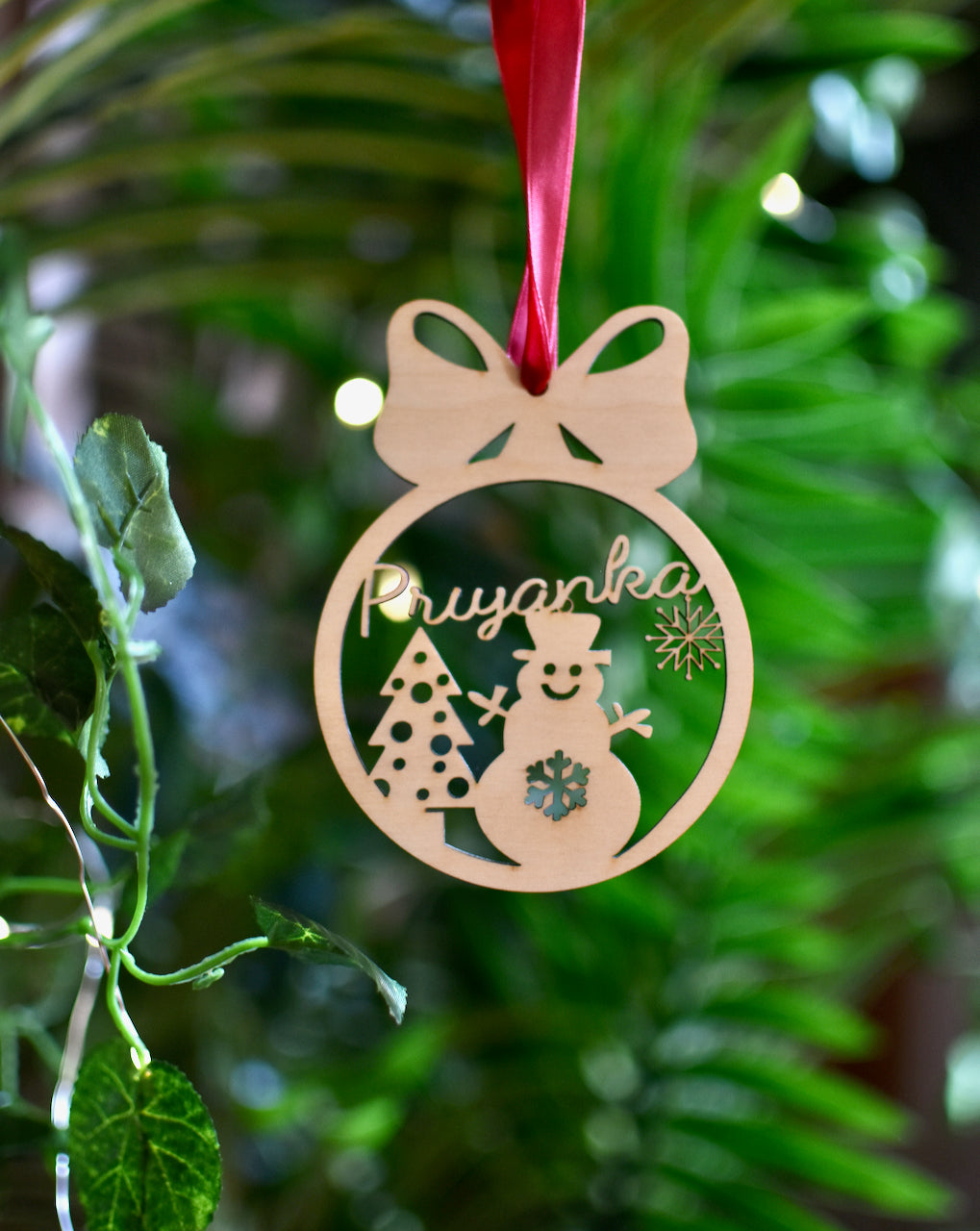 Personalized Christmas Ornament - Snowman and Tree with Christmas Bow - HappyBundle