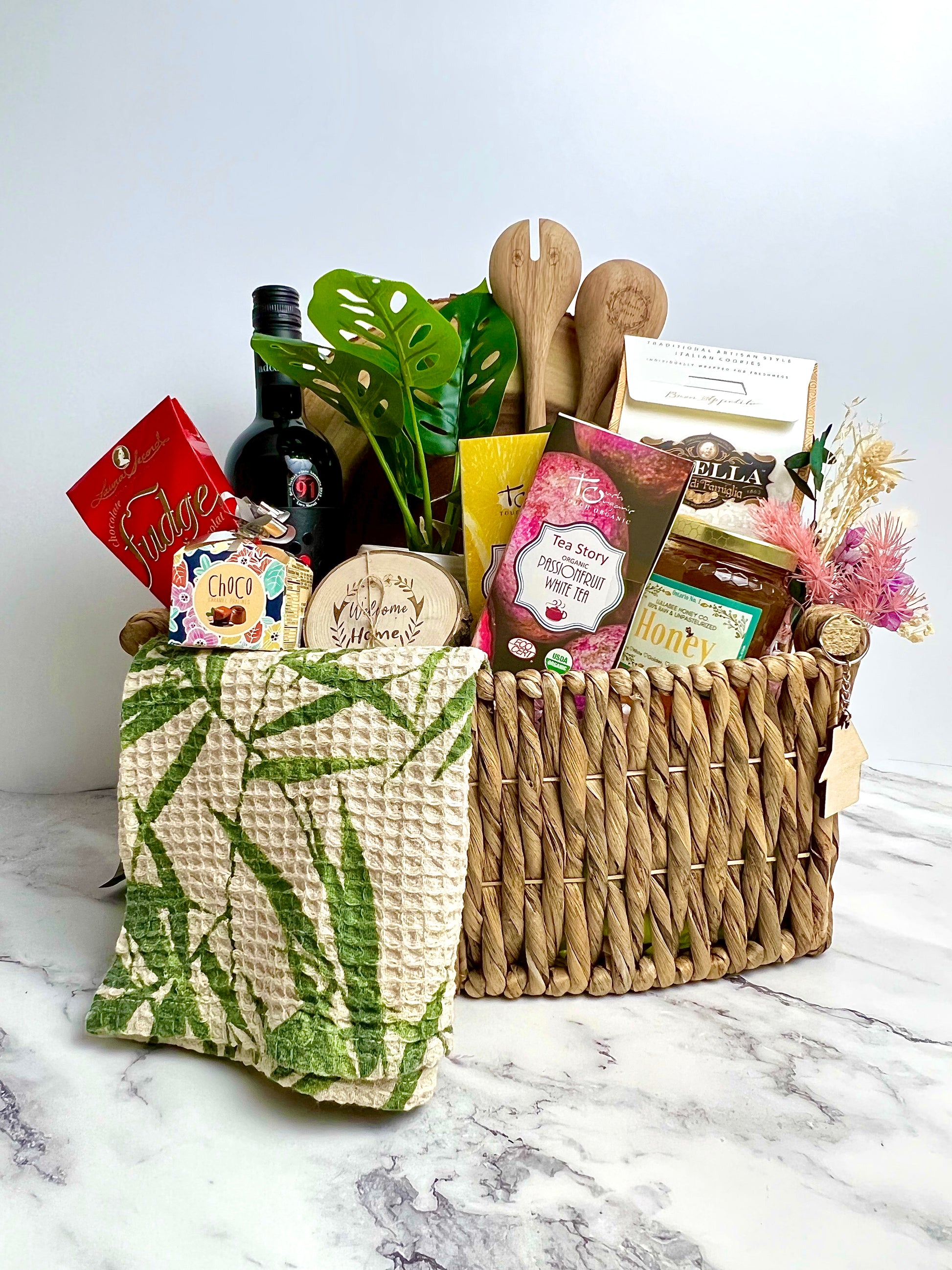 Gift Basket with Home Sweet Home Coasters & Personalized Wooden Spoons - HappyBundle