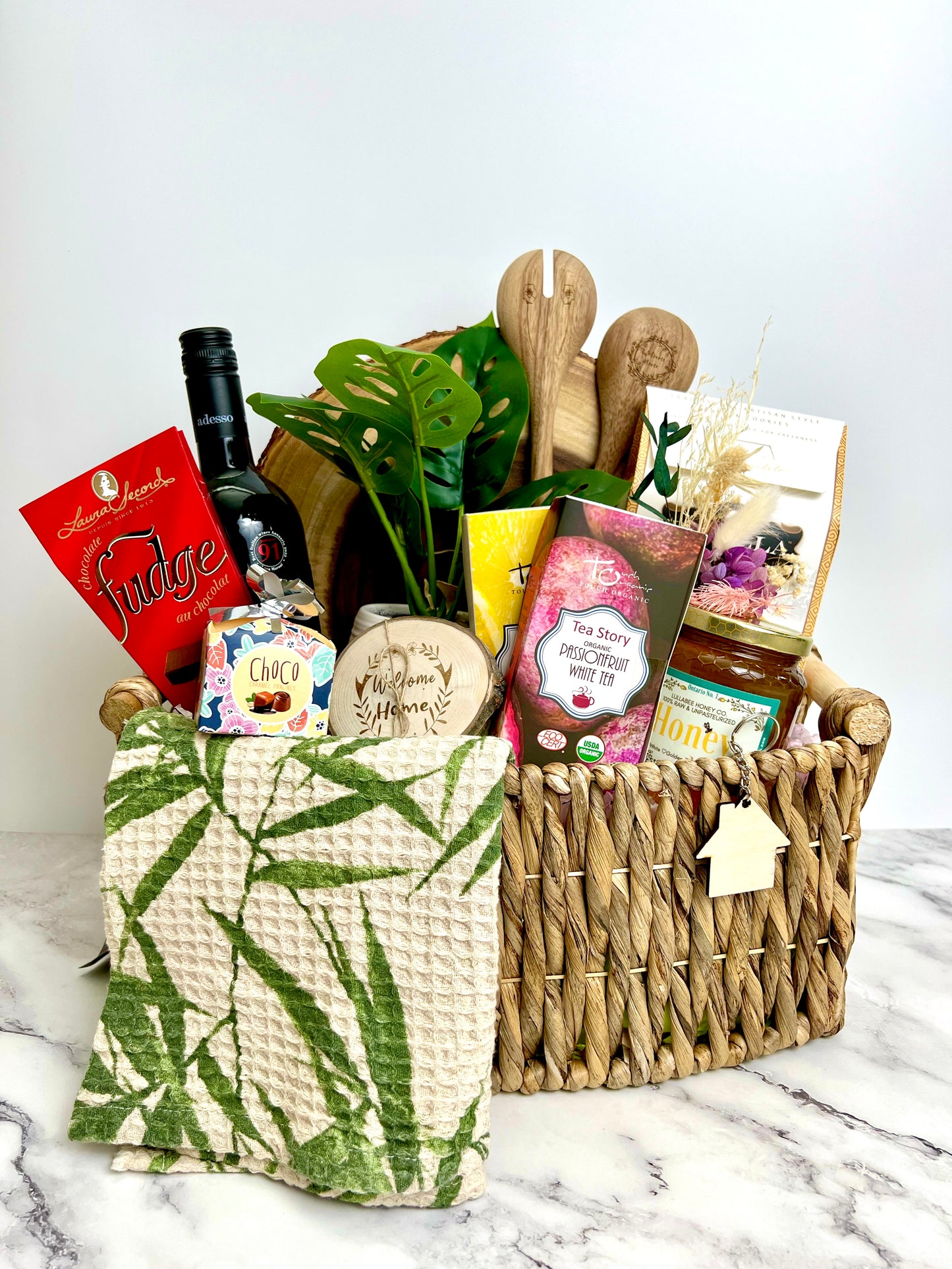 Gift Basket with Home Sweet Home Coasters & Personalized Wooden Spoons - HappyBundle