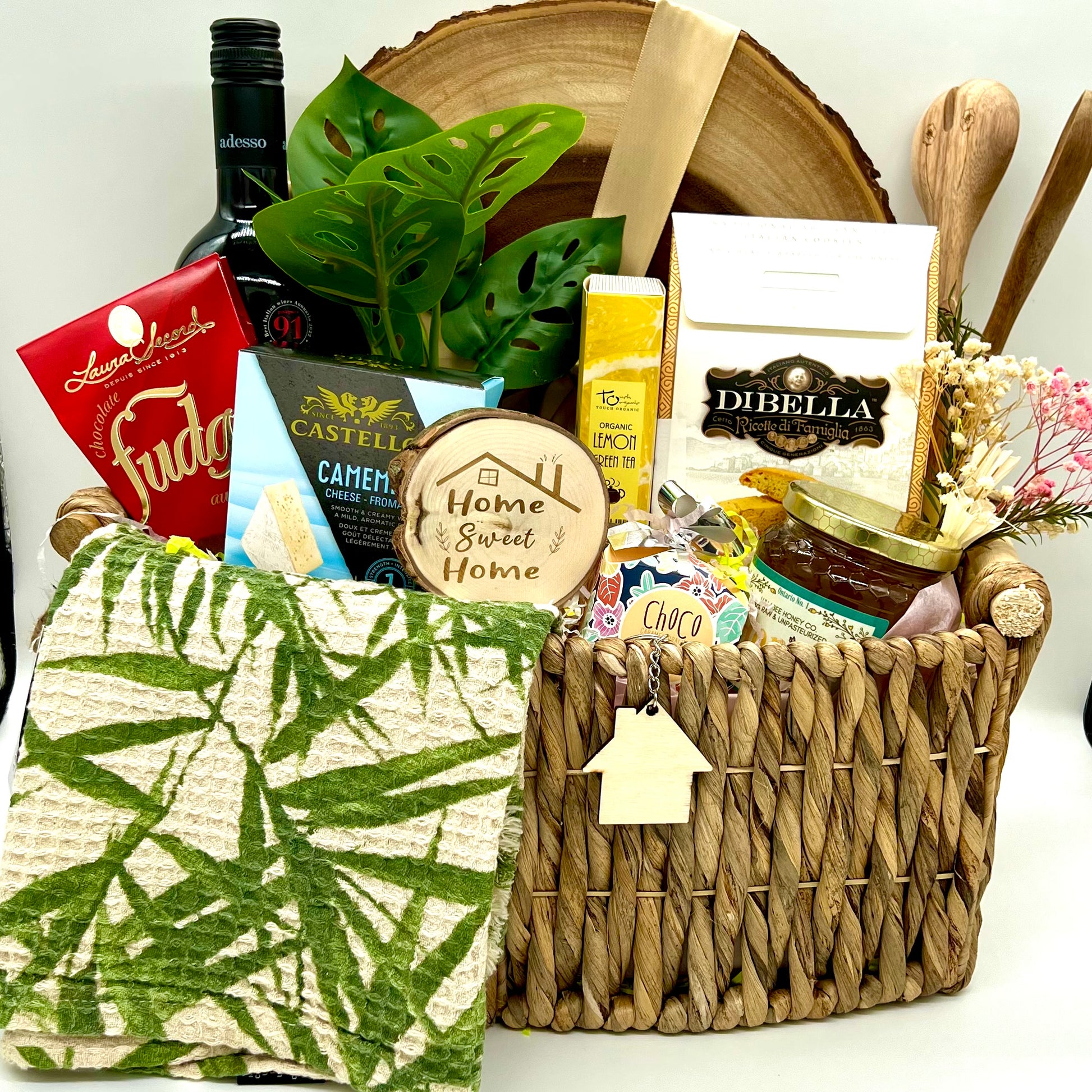 Gift Basket with Home Sweet Home Coasters & Personalized Wooden Spoons - HappyBundle