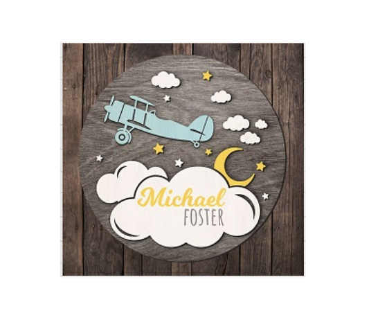 3d Round Airplane Themed Nursery Baby Name Personalized Sign - HappyBundle
