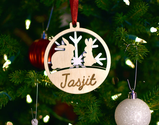 Personalized Christmas Ornament - Rabbits with two tone layer - HappyBundle