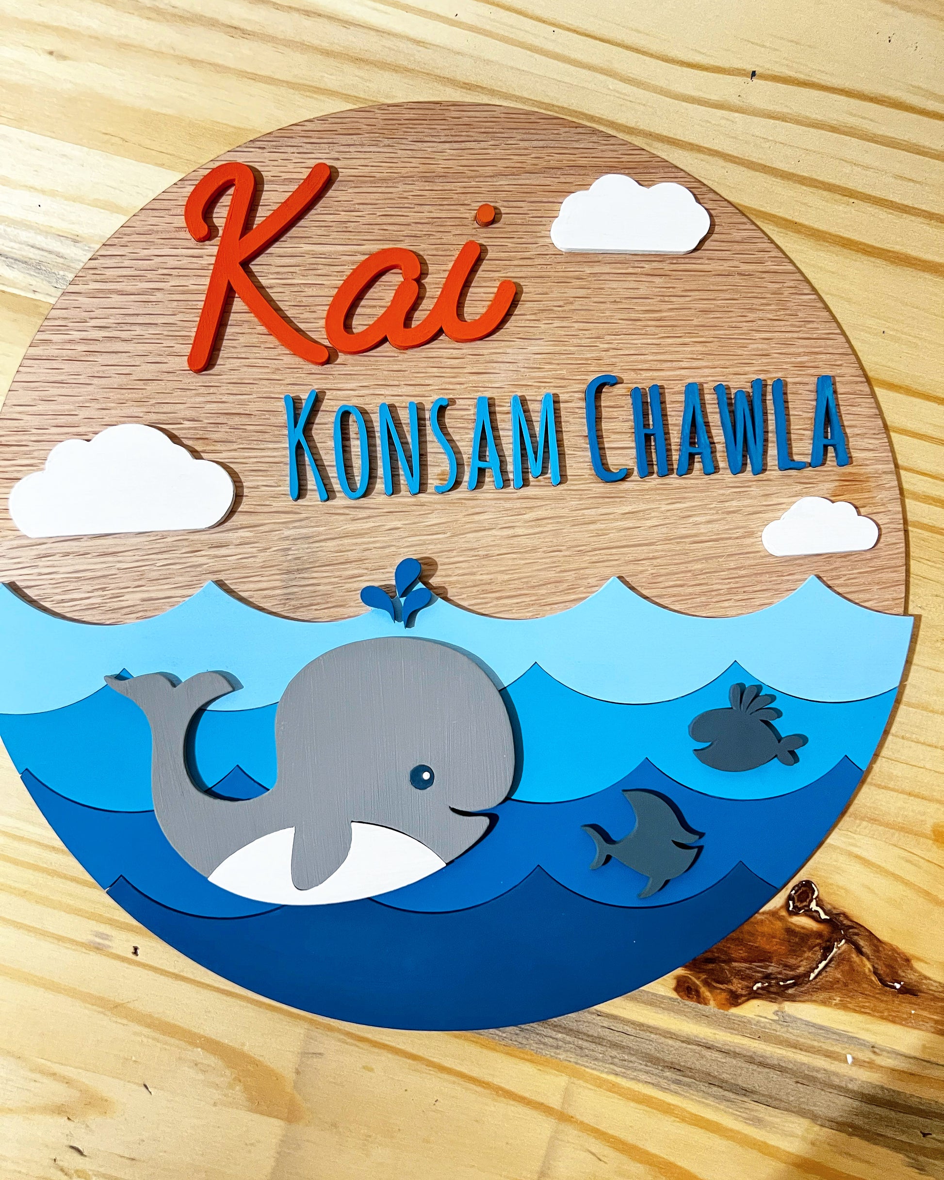 3d Round Whale Themed Nursery Baby Name Personalized Sign - HappyBundle
