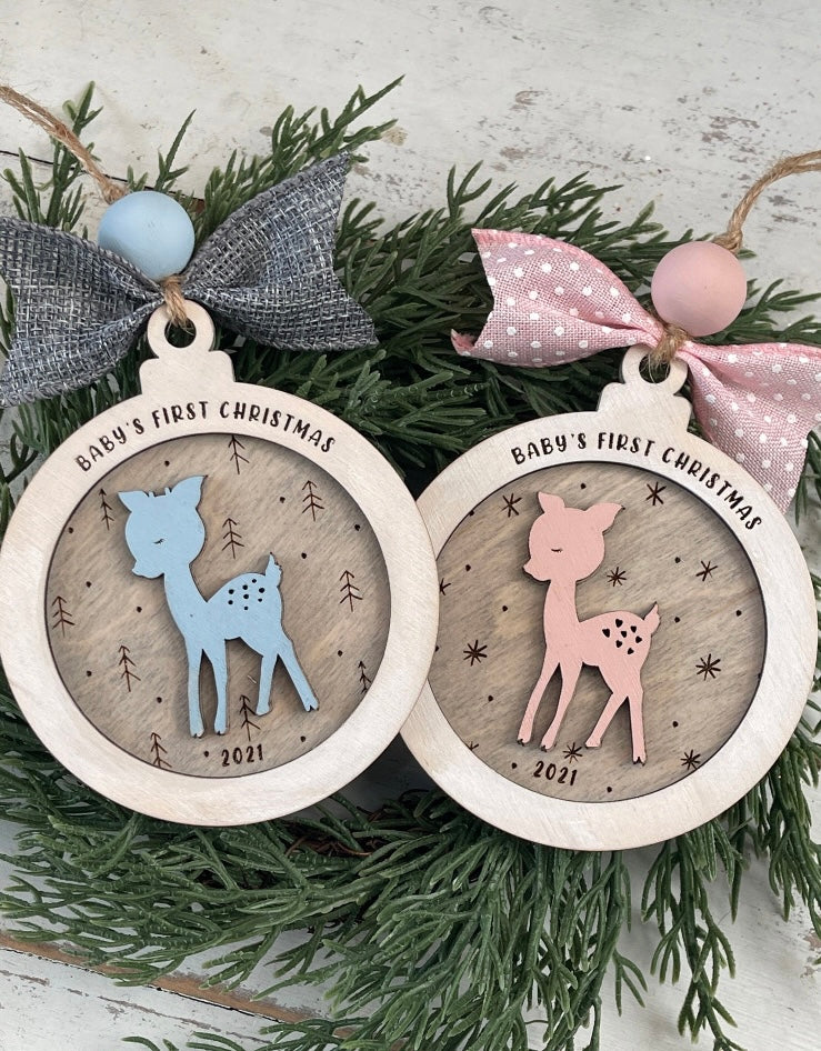 Personalized Baby's Name Christmas Ornament Deer Design- Engraved - HappyBundle