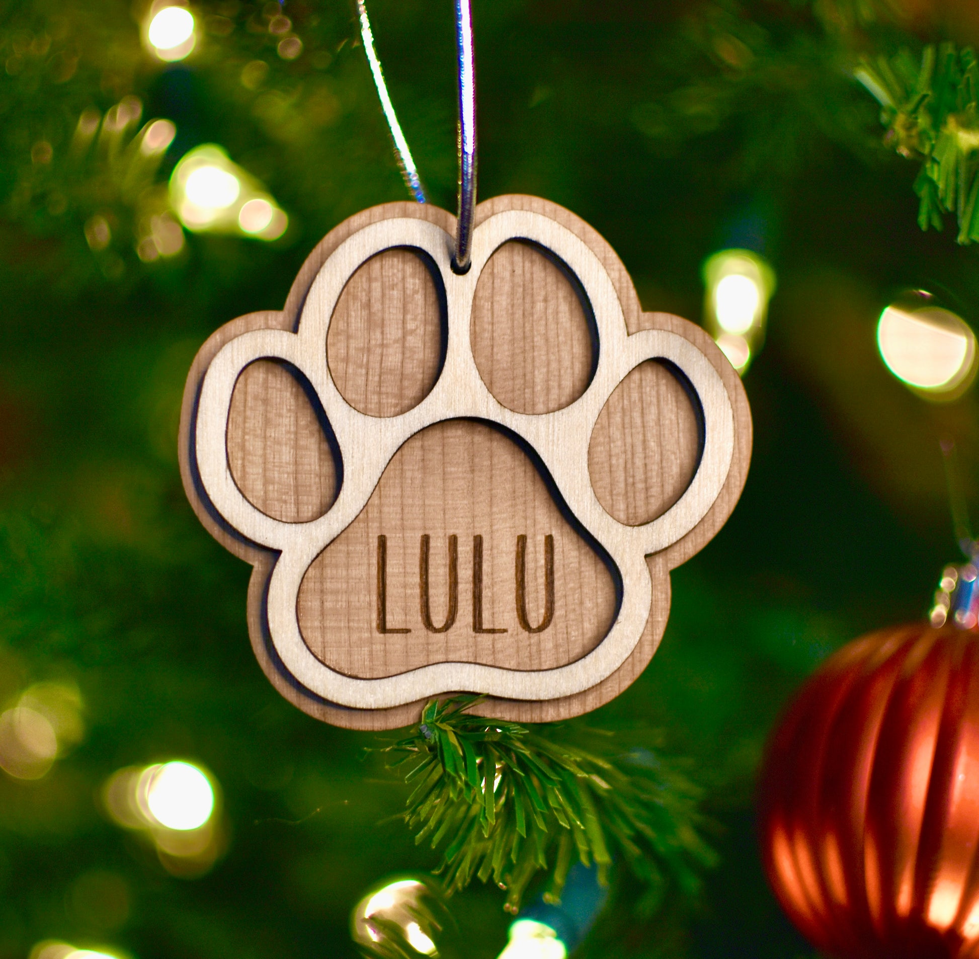 Personalized Pet Name Christmas Ornament Paw Design- Engraved - HappyBundle