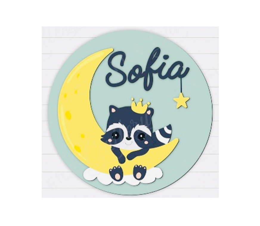 3d Round Racoon Themed Nursery Baby Name Personalized Sign - HappyBundle