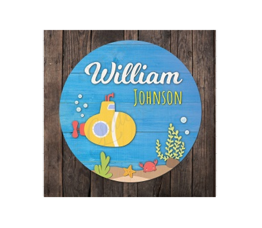 3d Round Submarine Themed Nursery Baby Name Personalized Sign - HappyBundle