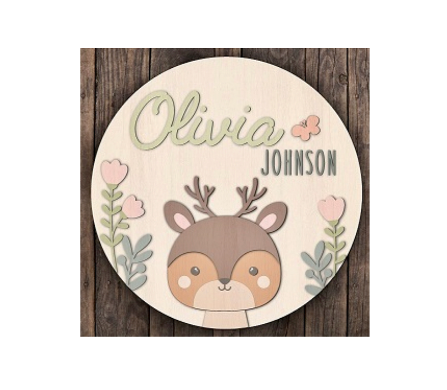 3d Round Woodland Deer Themed Nursery Baby Name Personalized Sign - HappyBundle